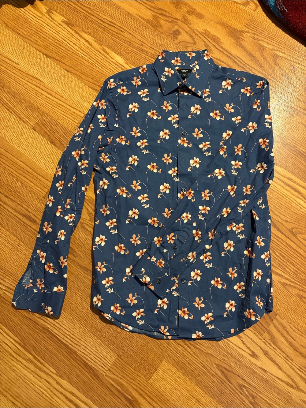 Express Navy Long-Sleeve Button-Down with Cream and Orange Floral Print